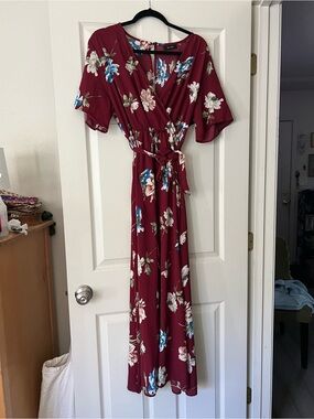 Floral Wrap Maxi Dress in Burgundy by Escalier